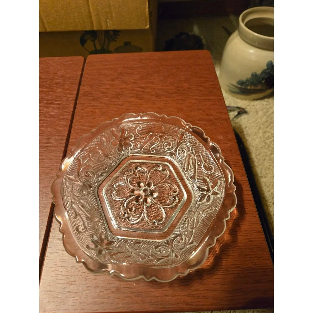 Vintage Clear Pressed Glass Floral Trinket Dish Scalloped Hexagon Candy Bowl